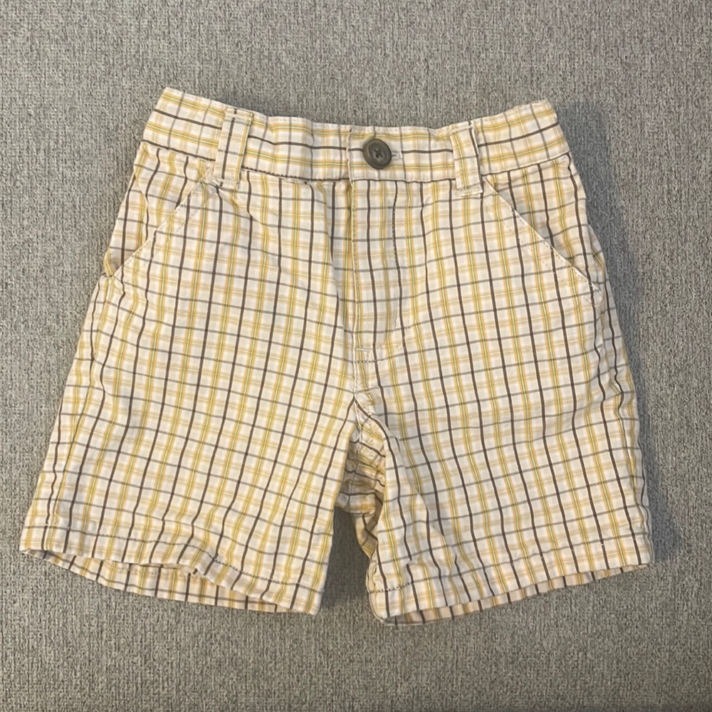 Janie and Jack boys plaid shorts sz 3-6 months yellow green brown pineapple